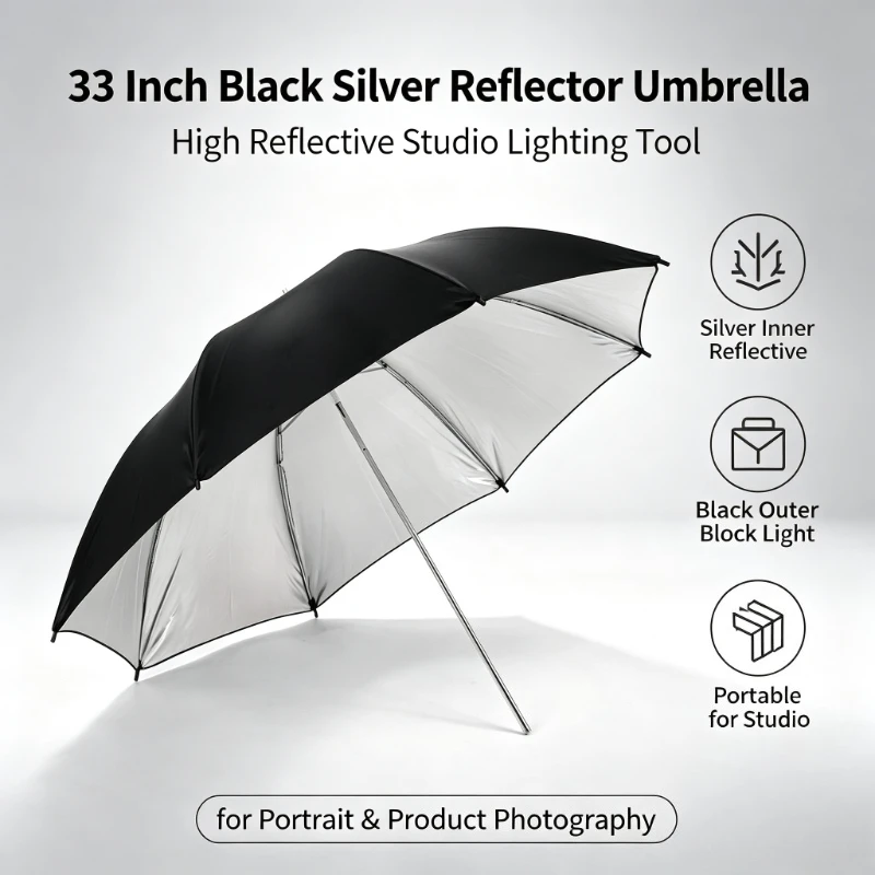 Photography Umbrella Light - ร่มสะท้อนแสงสีดำทนทานขนาด 33 นิ้ว ปี 2026 ร่มถ่ายภาพสีดำเงิน