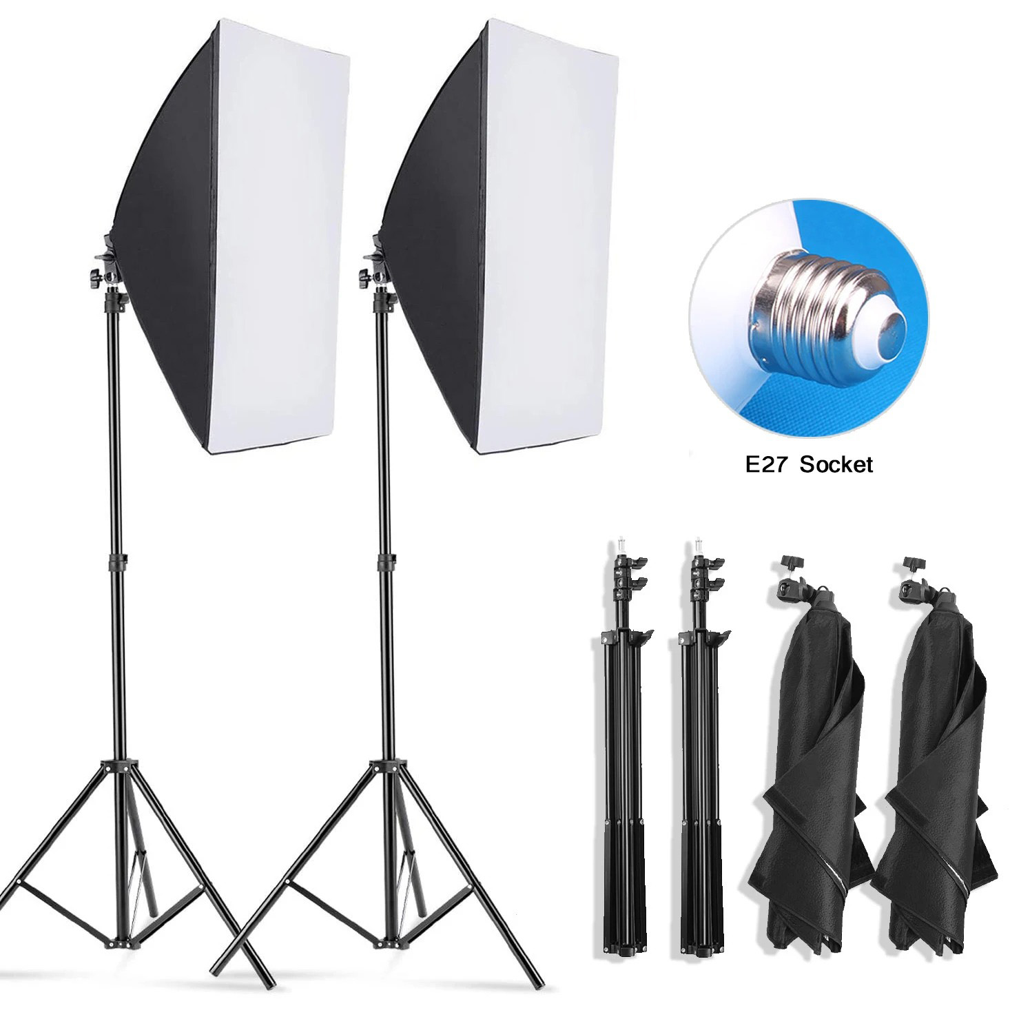 Photography Bulb - ชุดไฟสตูดิโอสำหรับถ่ายภาพแบบมืออาชีพ พร้อมซอฟต์บ็อกซ์, ขาตั้งกล้อง, หลอดไฟ E27 ระบบไฟต่อเนื่องสำหรับสตูดิโอถ่ายภาพ