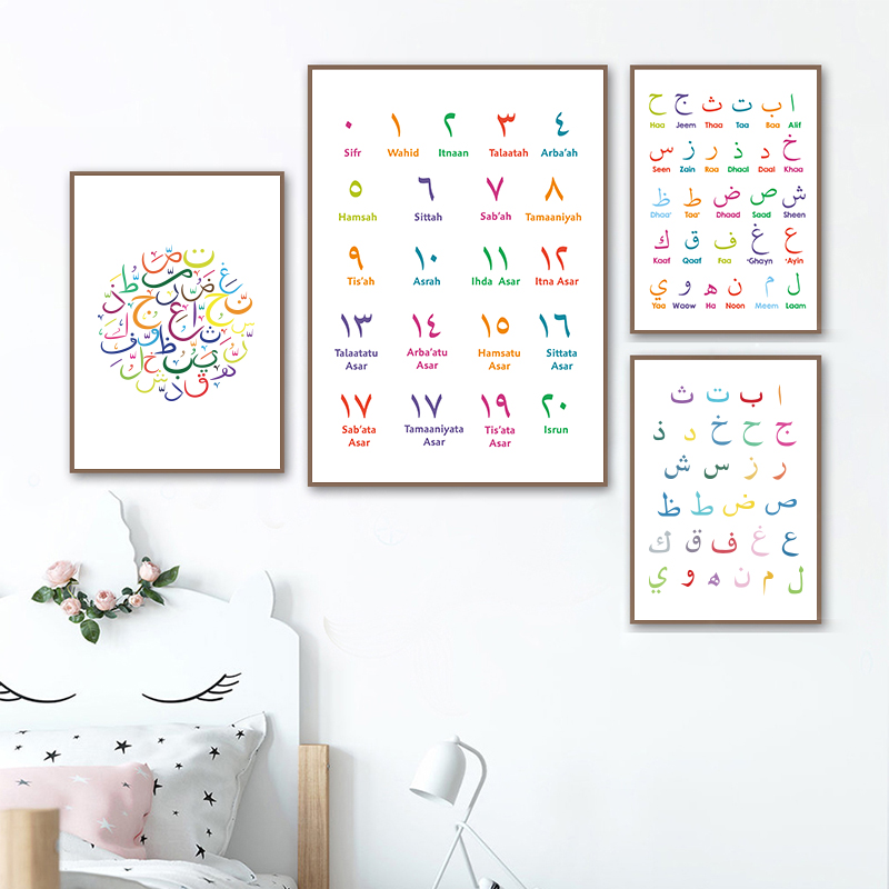 Photography Font - อิสลาม Wall Art ภาพวาดผ้าใบตัวอักษรภาษาอาหรับตัวอักษรตัวเลขโปสเตอร์พิมพ์เนอสเซอรี่ Kids Room